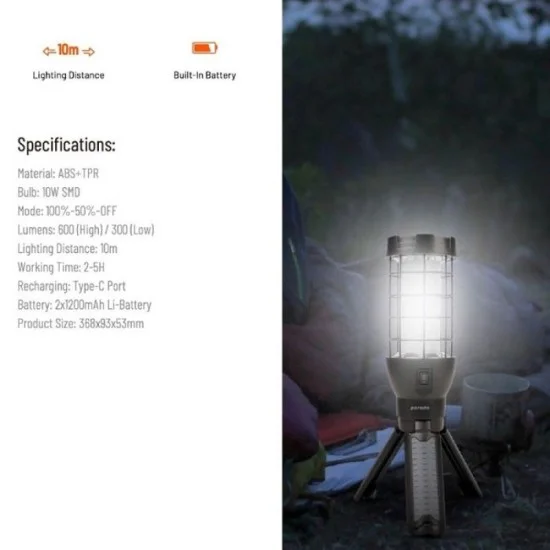 Porodo Outdoor Tripod Lamp With Built-In Battery - Black